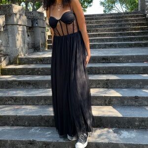 Black Corset Mesh Polkadot Prom Dress